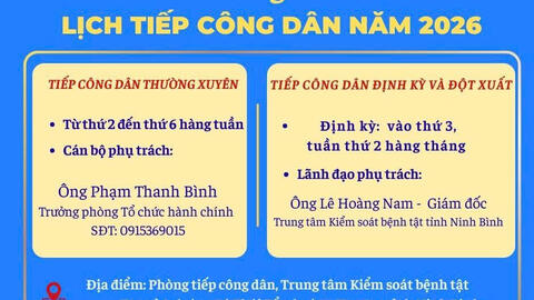 Lịch tiếp công dân năm 2026 của Trung tâm Kiểm soát bệnh tật tỉnh Ninh Bình